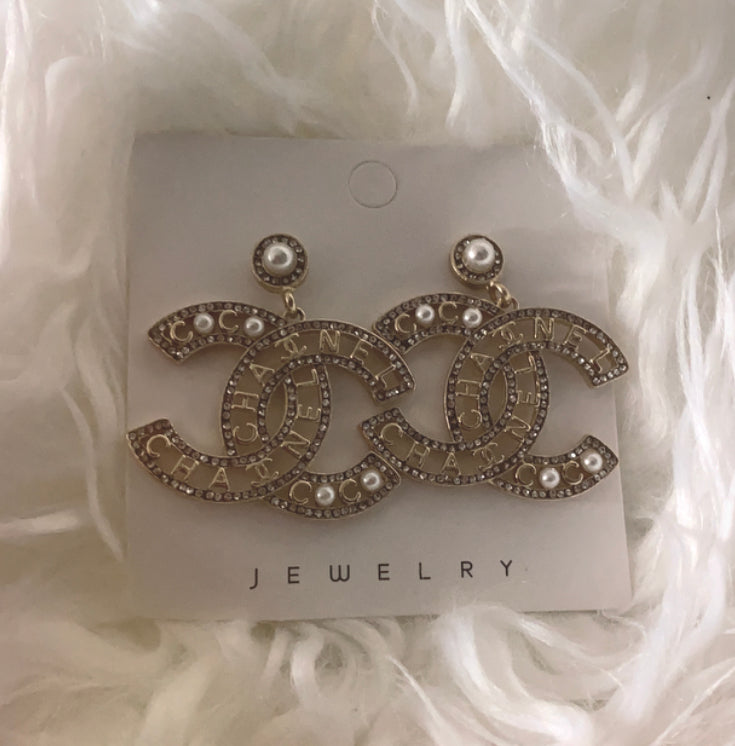Chanel 2023 Faux Pearl & Strass 'Cha-Nel' Stud Earrings